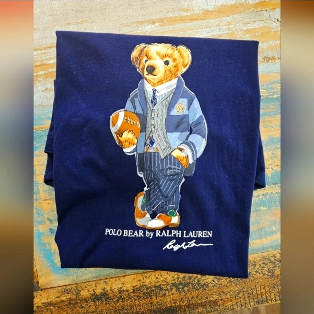 Polo Ralph Lauren Polo Bear Crewneck Tee Navy Football Preppy Size LT